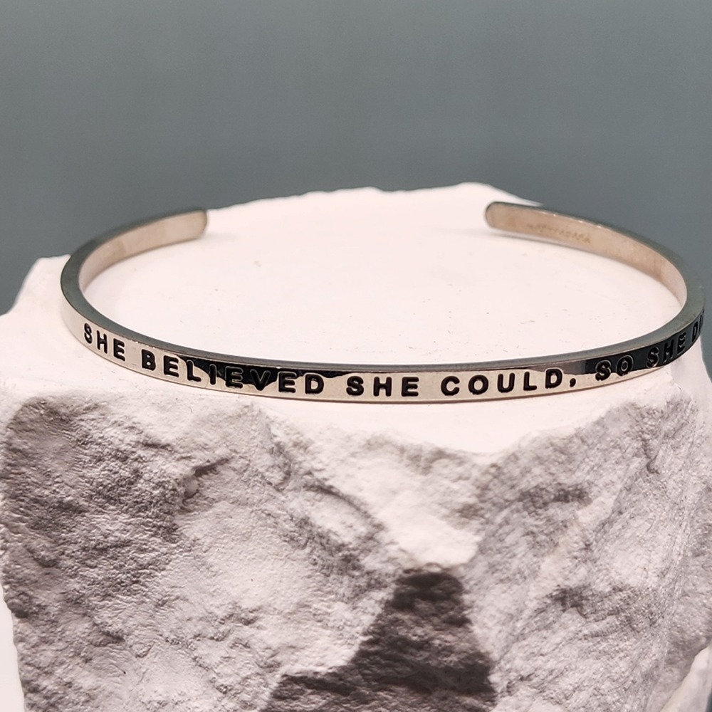 MantraBand She Believed She Could So She Did Silver Tone Quote Cuff Bracelet